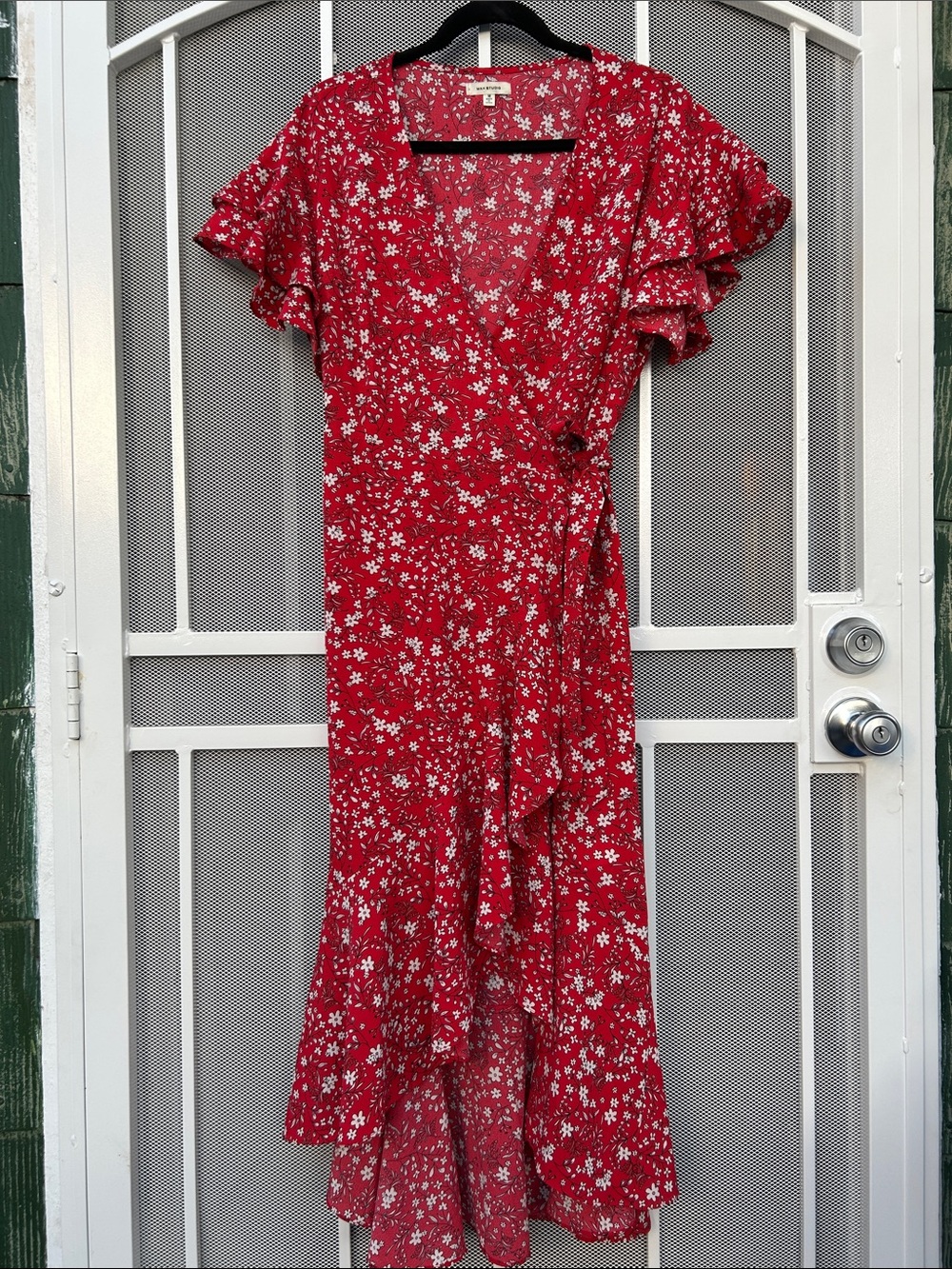 Floral Red Wrap Midi Dress - Lightweight Ruffle Sleeve